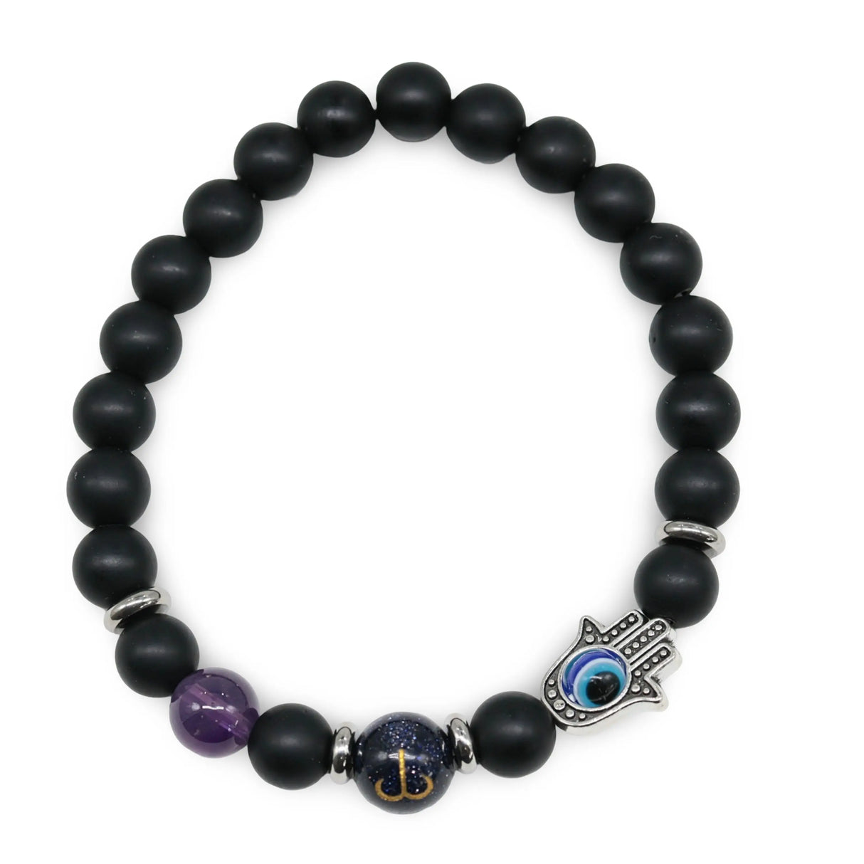 Bracelet - Natural Black Agate - Constellation - Fatima Hand - 8mm Aries - Amethyst