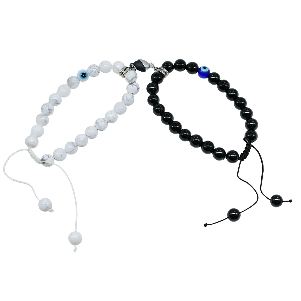 Bracelet - 2Pcs Set - Natural Howlite & Black Onyx with Evil Eye - Braided Matching Bracelets