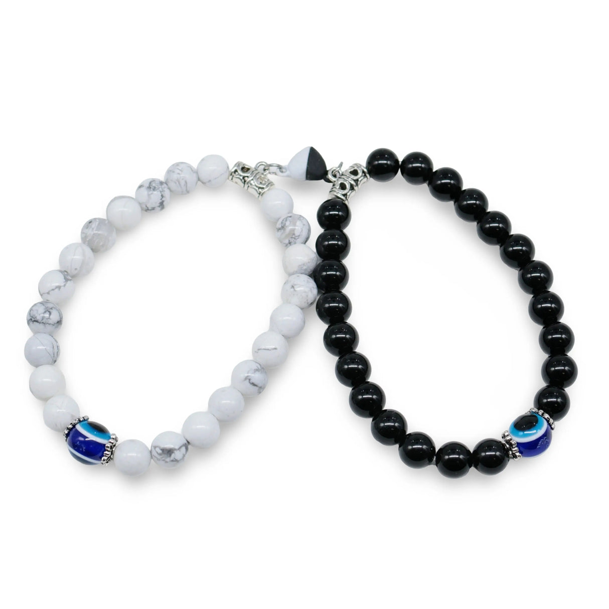 Bracelet - 2Pcs Set - Natural Howlite & Obsidian with Evil Eye - Matching Bracelets