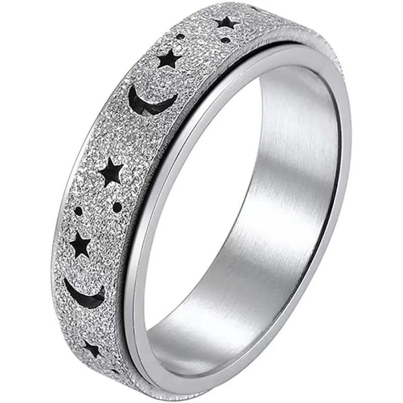Rotating Ring - Stress Anxiety Relief - Stainless Steel - Silver Moon and Star 5