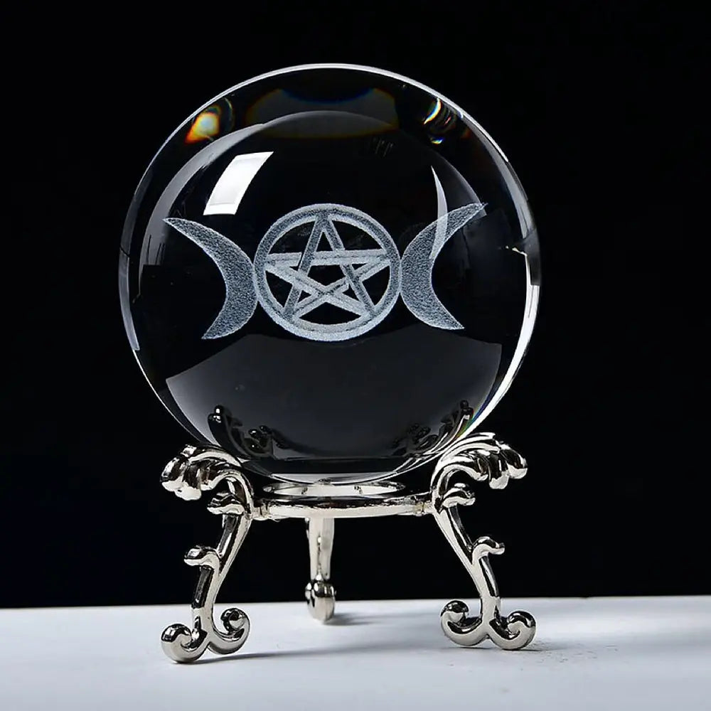 Home Decor - Crystal Ball on Wooden Led Stand - Carving Triple Moon