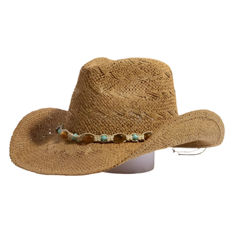 Clothing & Accessories - Mixed Beaded And Rope Western Fedora Straw Hat