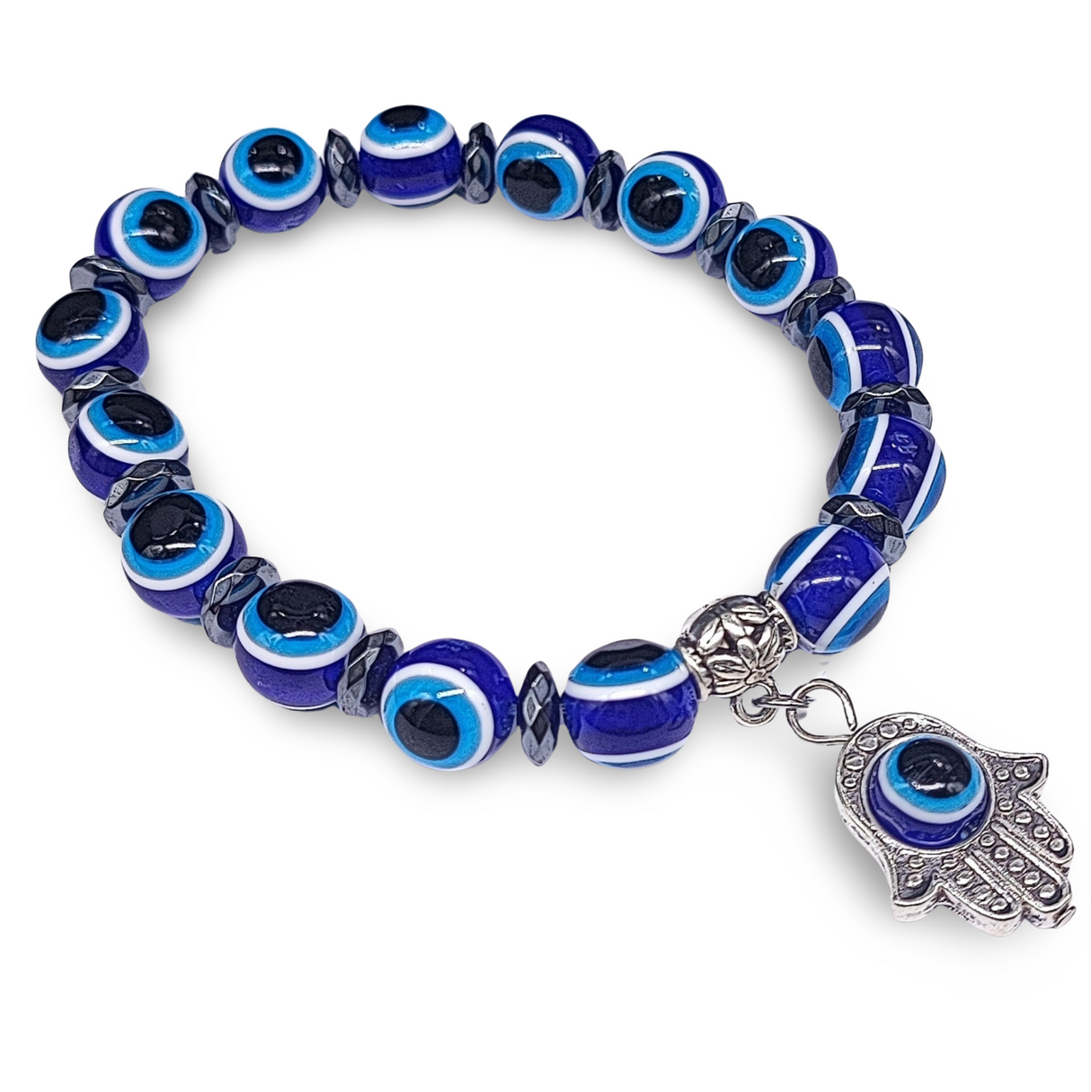 Bracelet -Evil Eye -Fatima Hand -Small Hematite -10mm