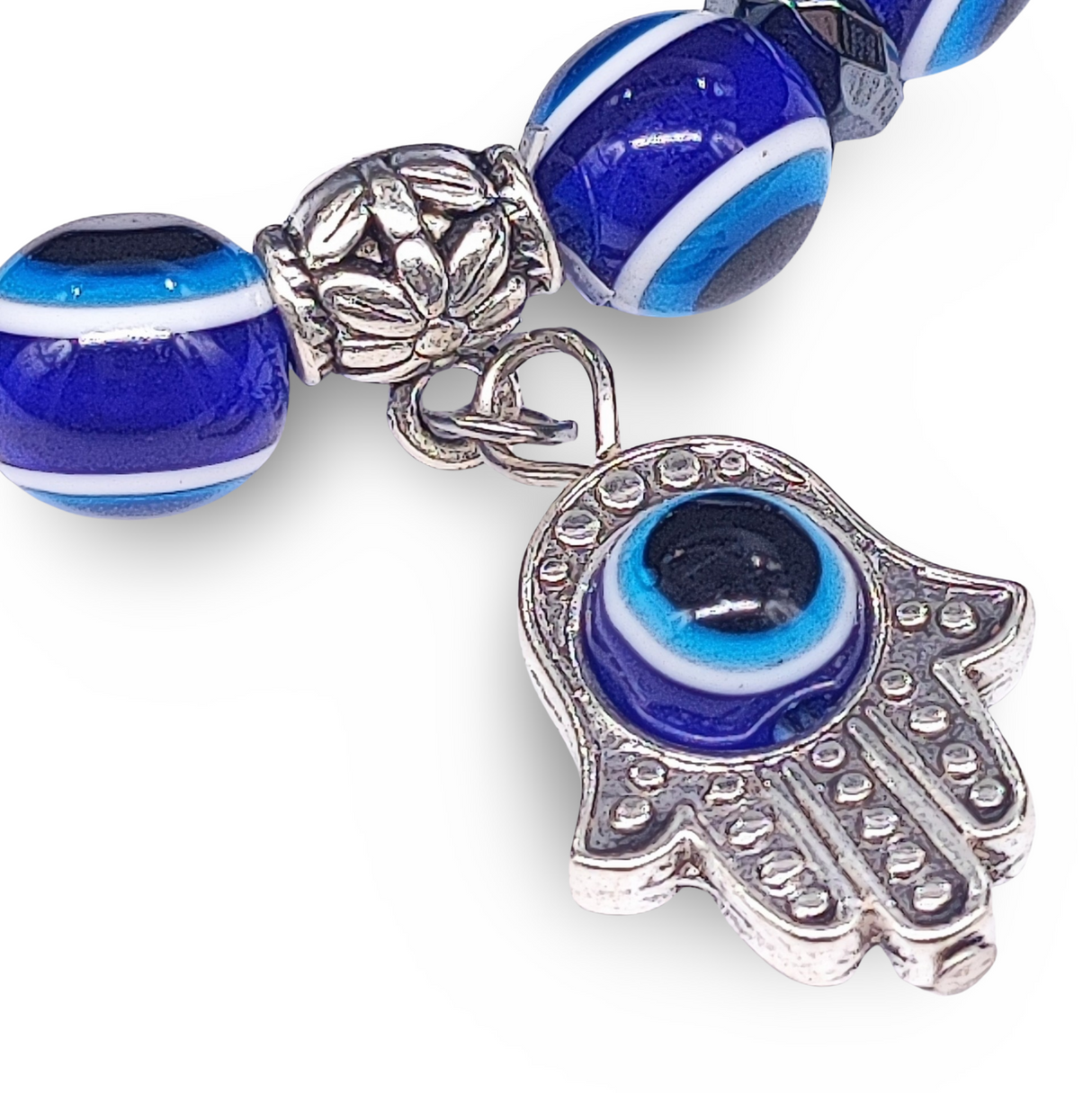 Bracelet -Evil Eye -Fatima Hand -Small Hematite -10mm