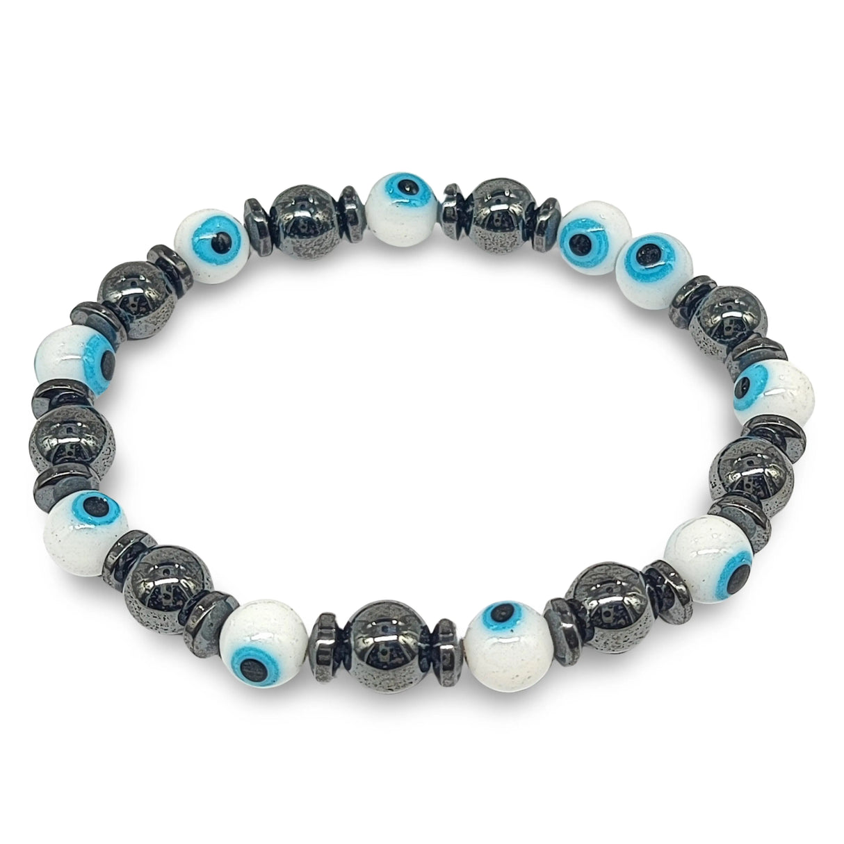 Bracelet -White Evil Eye -Hematite -8mm
