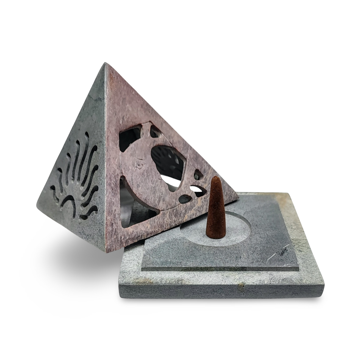 Candle & Incense Holder - Soapstone Pyramid - Sun & Moon