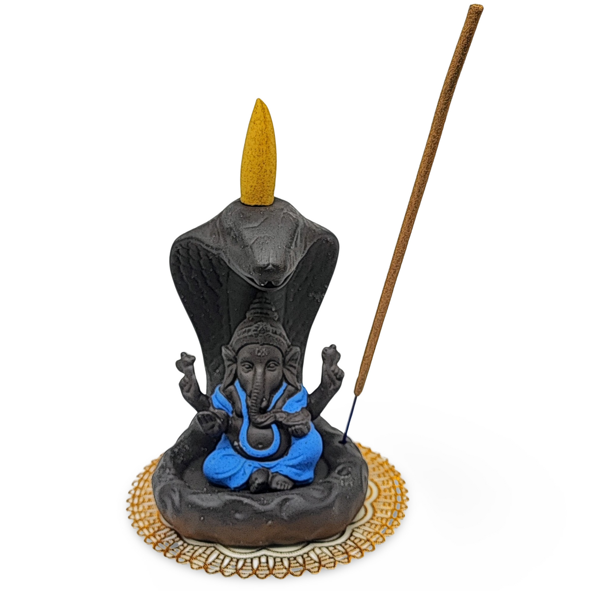 Incense Burner Kit -Ceramic -Backflow & Stick Holder -Ganesha with Snake -Blue