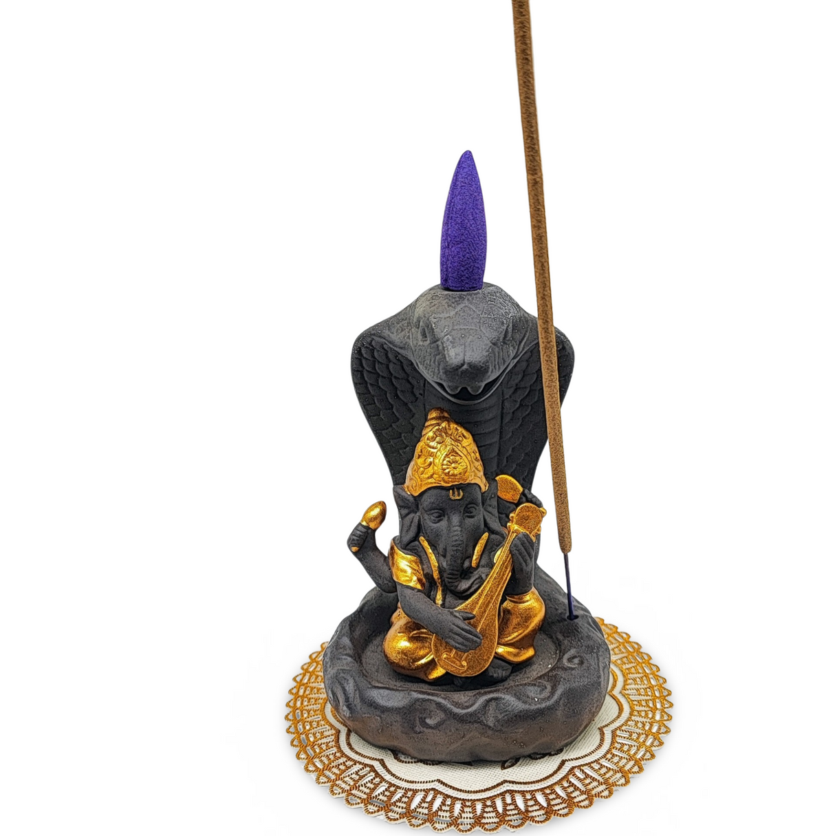 Incense Burner Kit -Ceramic -Backflow & Stick Holder -Ganesha with Snake -Gold