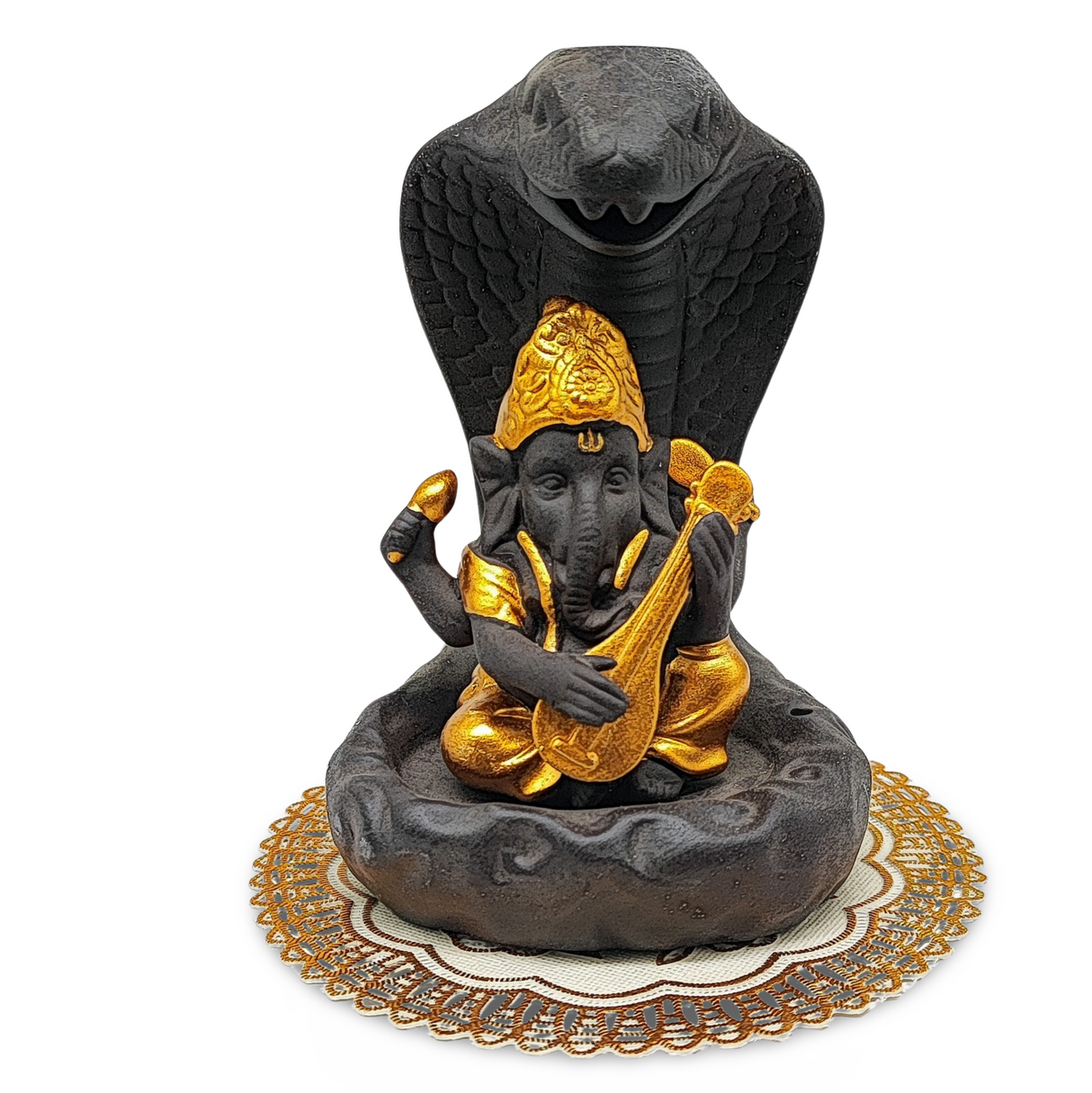 Incense Burner Kit -Ceramic -Backflow & Stick Holder -Ganesha with Snake -Gold