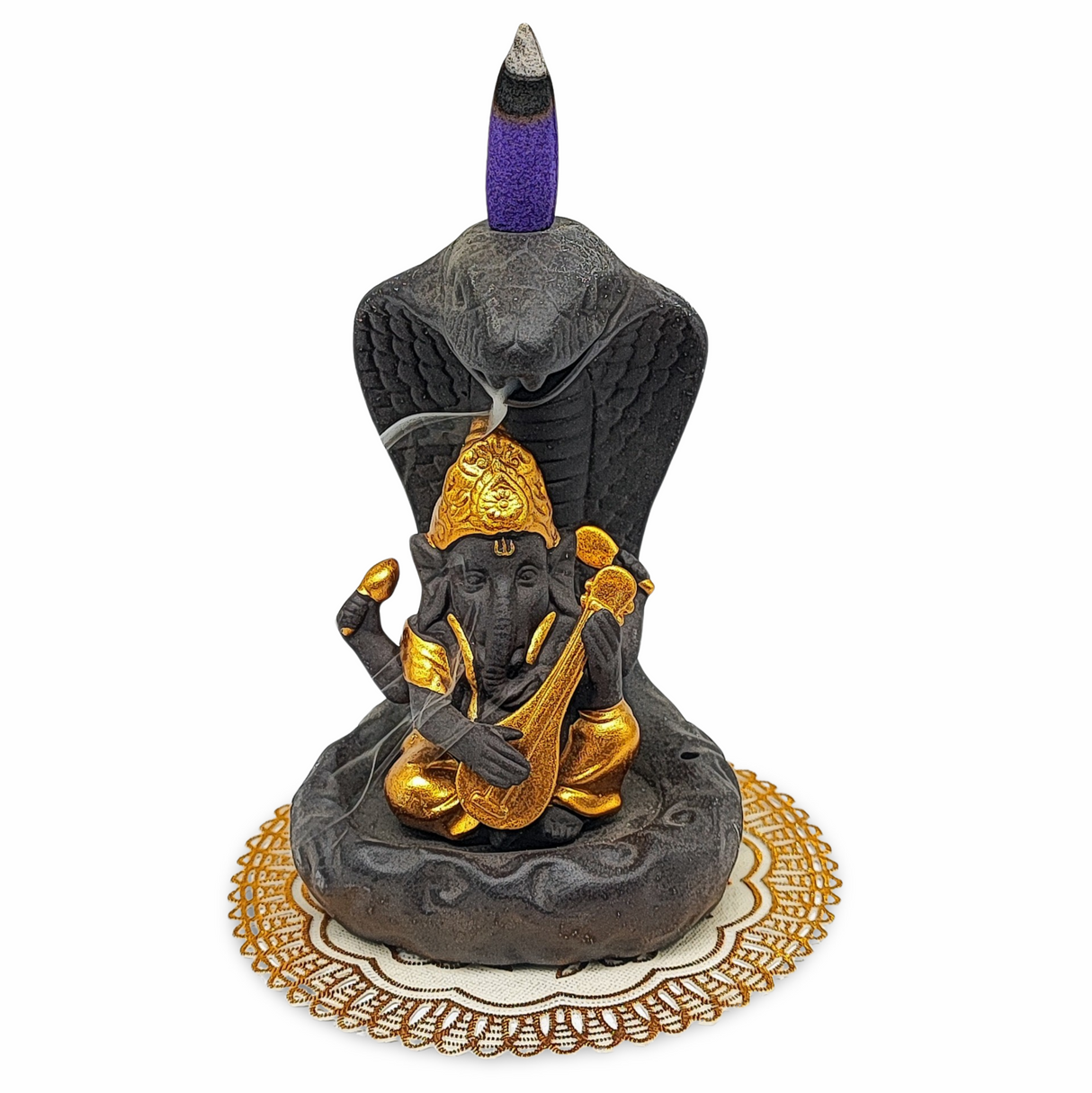 Incense Burner Kit -Ceramic -Backflow & Stick Holder -Ganesha with Snake -Gold