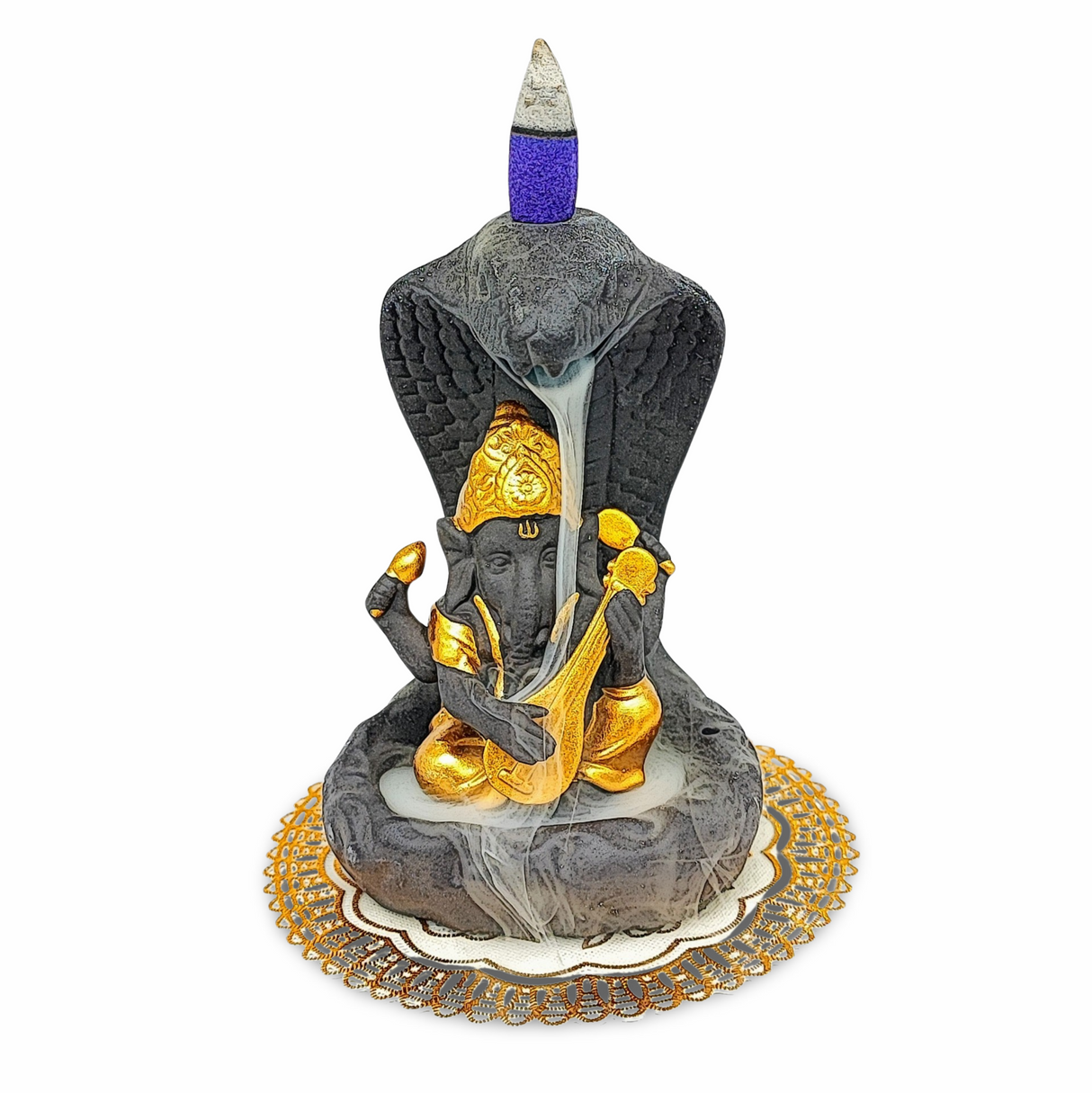 Incense Burner Kit -Ceramic -Backflow & Stick Holder -Ganesha with Snake -Gold