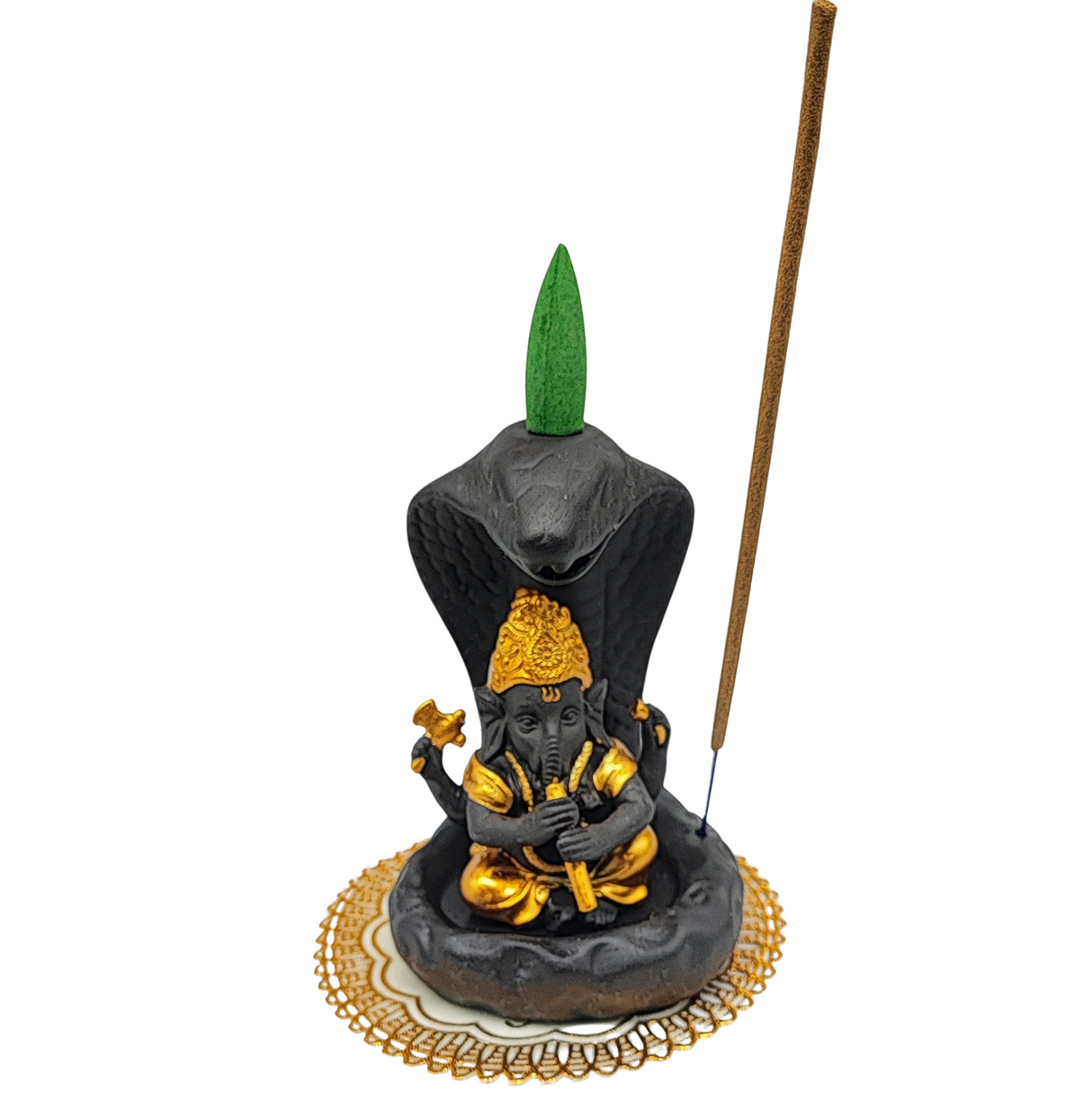 Incense Burner Kit -Ceramic -Backflow & Stick Holder -Ganesha with Snake -Yellow