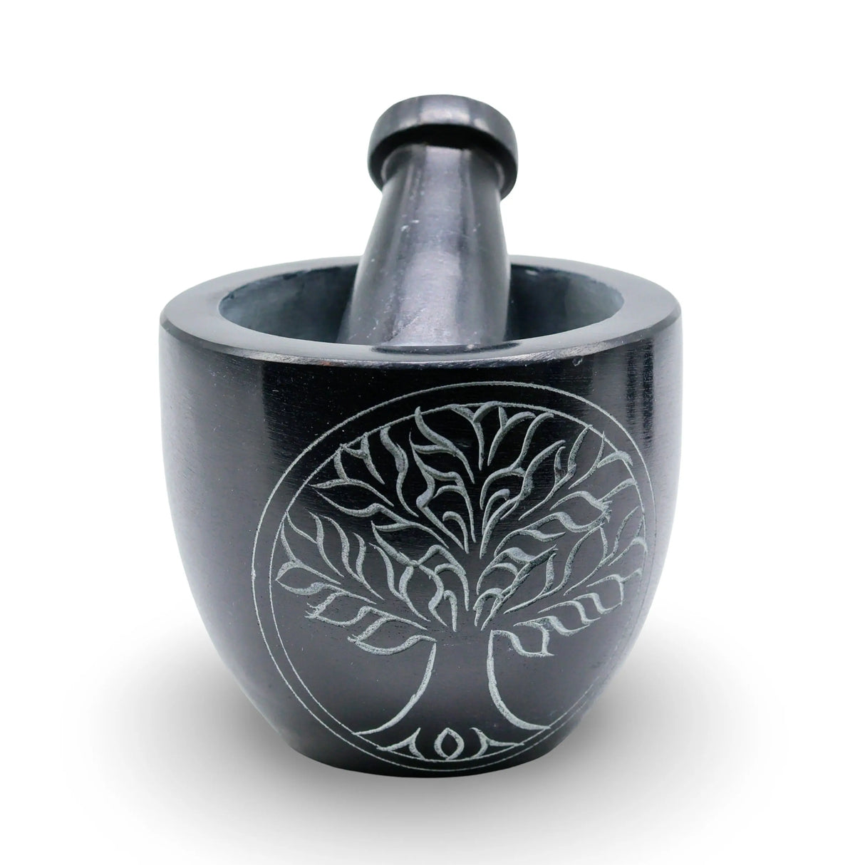Mortar & Pestle - Soapstone - Tree of Life - Black - 3"