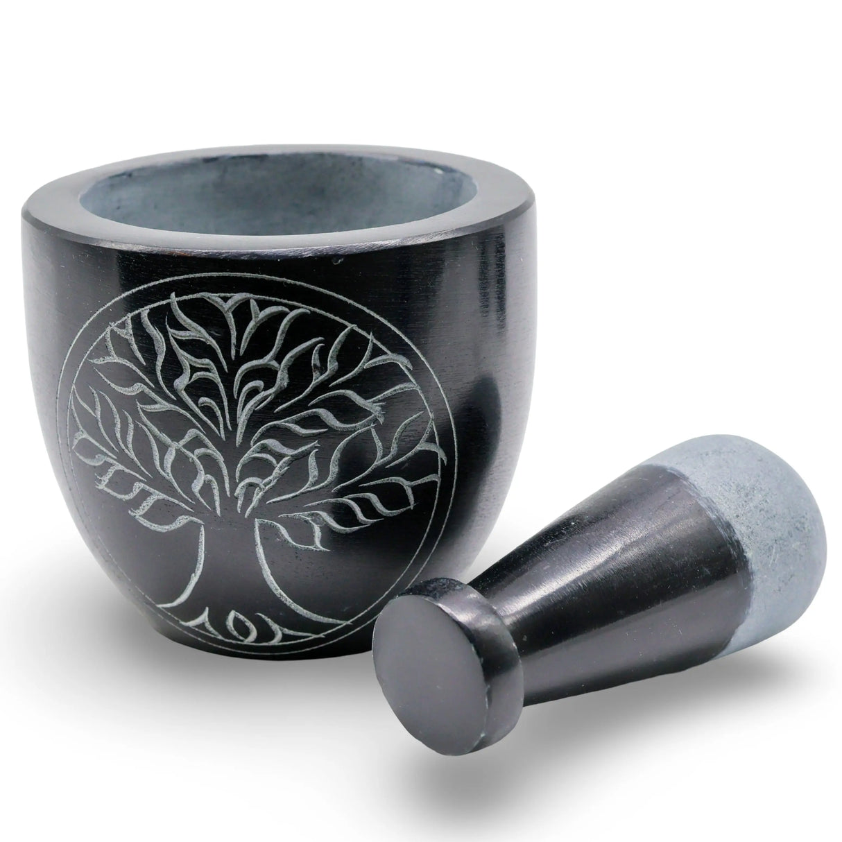 Mortar & Pestle - Soapstone - Tree of Life - Black - 3"