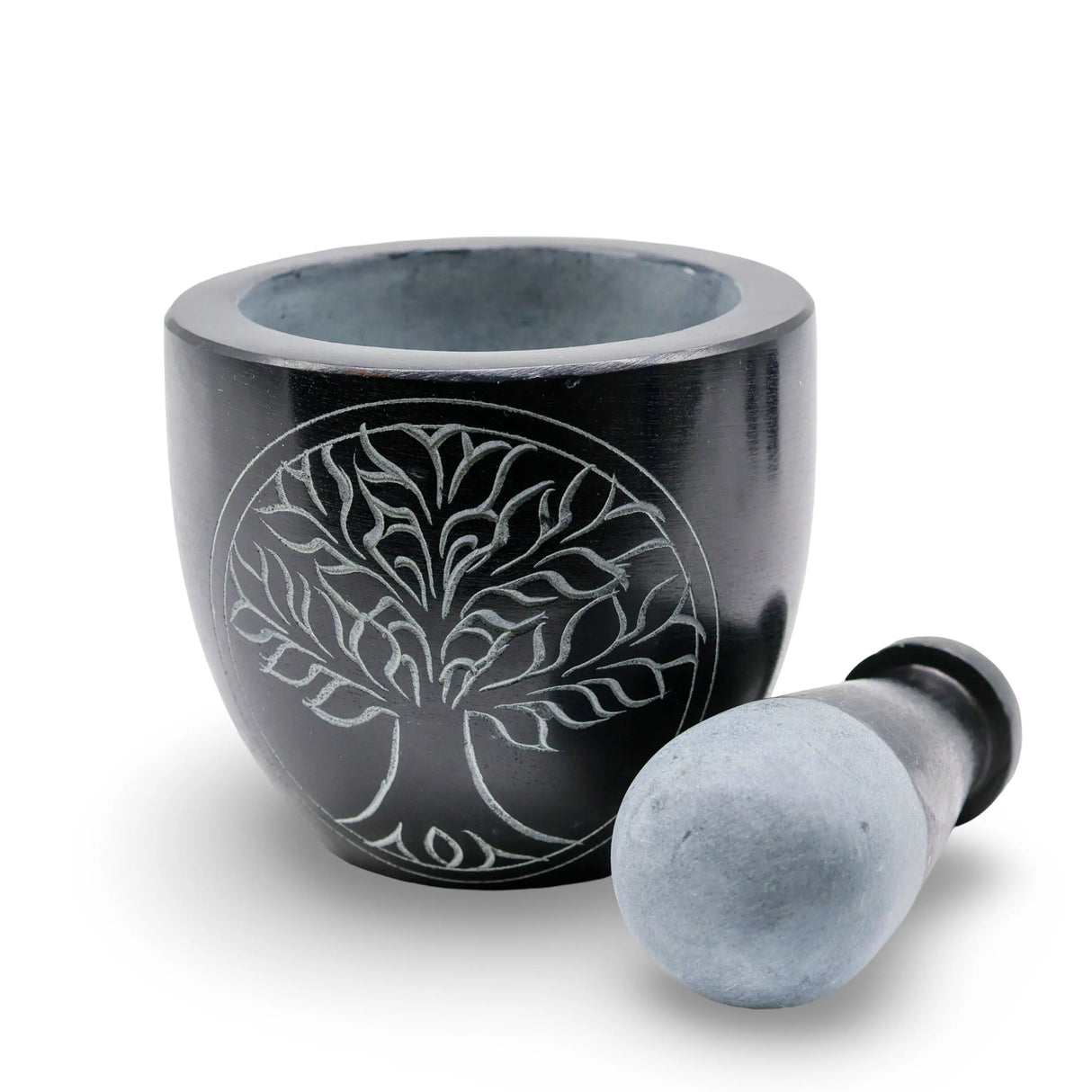 Mortar & Pestle - Soapstone - Tree of Life - Black - 3"