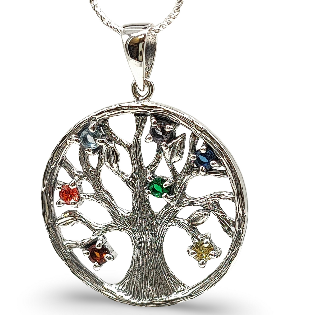 Necklace - 925 Sterling Silver - Chakra & Tree Of Life - Decorated with CZ Simulated Diamonds