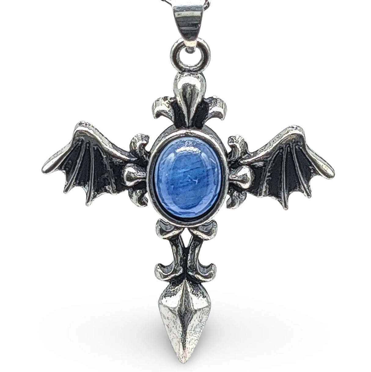 Necklace - Angel Wing Cross - Antique Silver - Kyanite