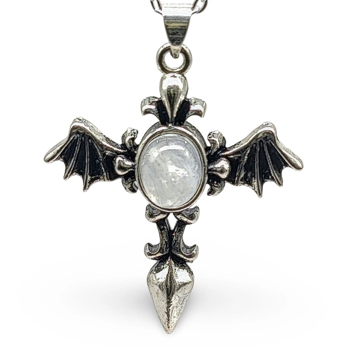 Necklace - Angel Wing Cross - Antique Silver - Rainbow Moonstone