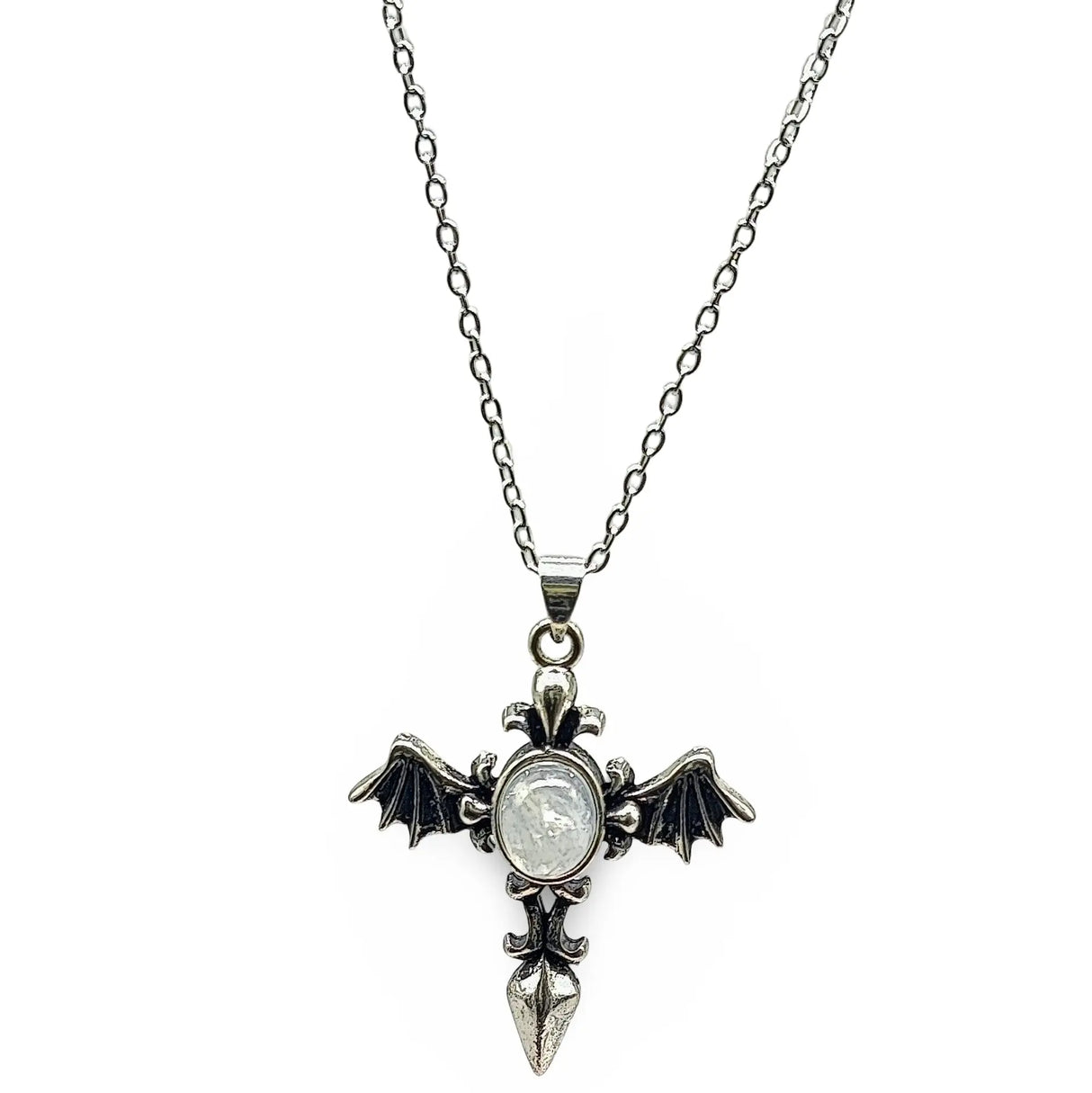 Necklace - Angel Wing Cross - Antique Silver - Rainbow Moonstone