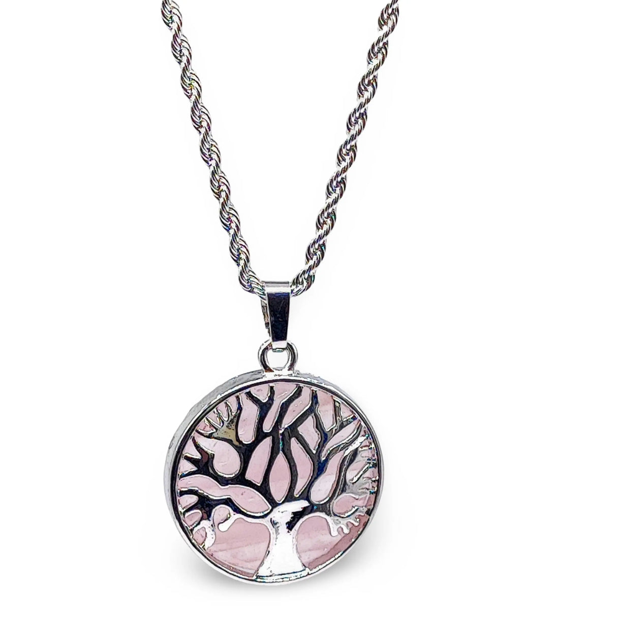 Necklace - Flat Round with Tree of Life - Rose Quartz