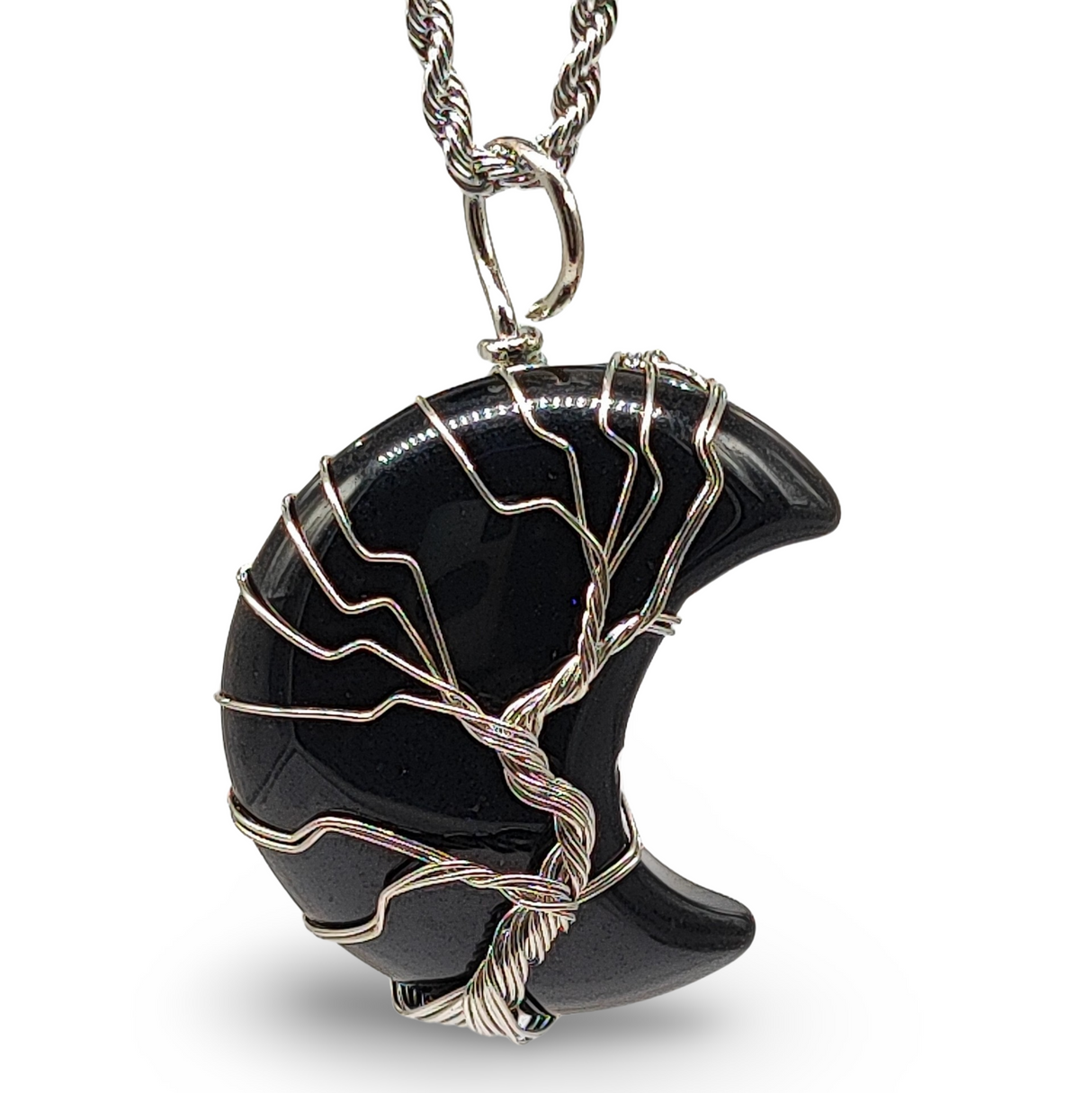 Necklace - Tree of Life - Natural Black Obsidian - Crescent Moon