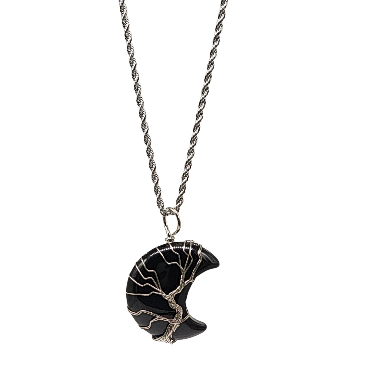 Necklace - Tree of Life - Natural Black Obsidian - Crescent Moon