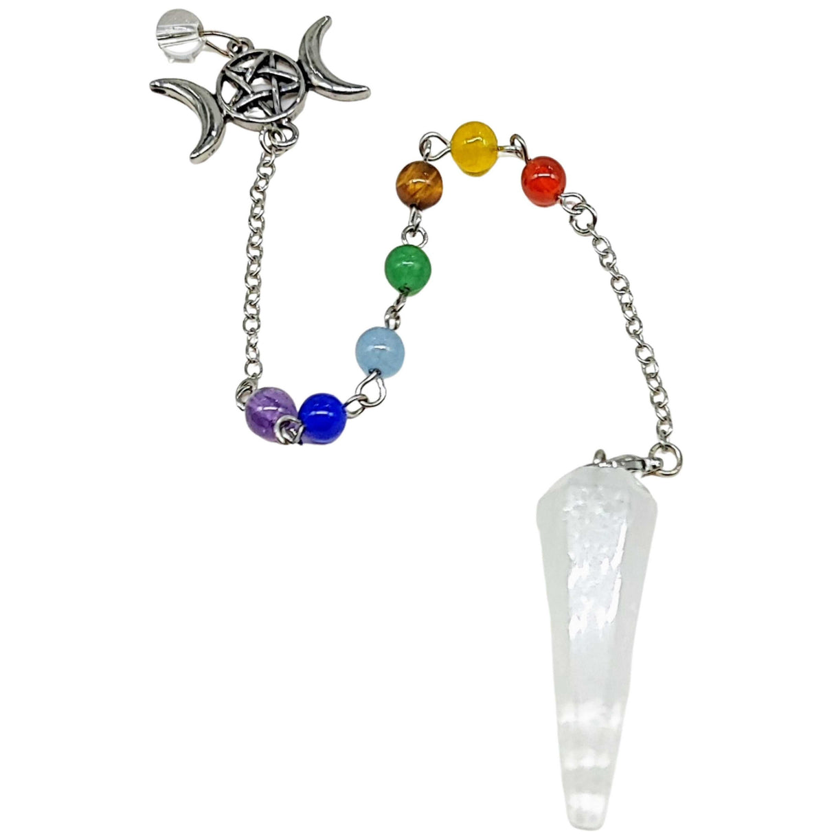 Pendulum - Cone - Crystal Quartz - Triple Goddess Pentagram Charms
