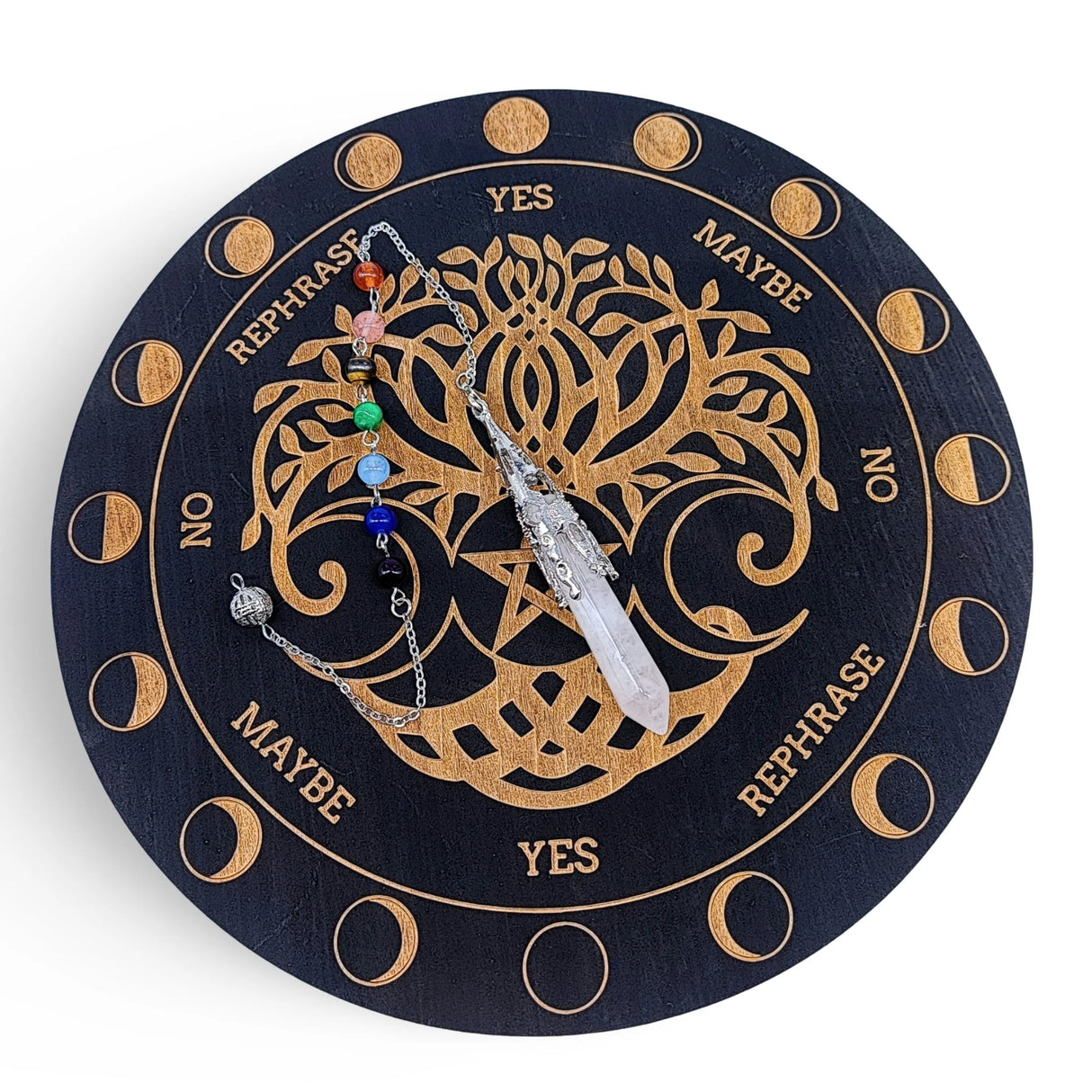 Pendulum Gift Set -Tree of Life Pendulum Board with Natural Rose Quartz Gemstone Pendulum