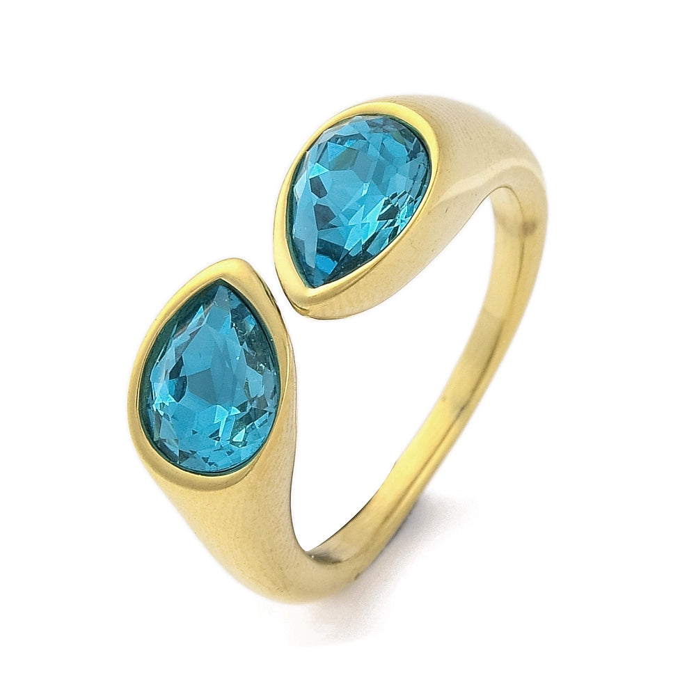 Ring – Ion Plating - Stainless Steel - Teardrop Blue Zircon - Open Cuff Ring