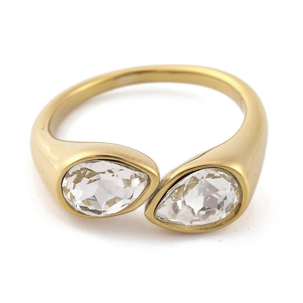 Ring – Ion Plating - Stainless Steel - Teardrop Crystal Quartz - Open Cuff Ring
