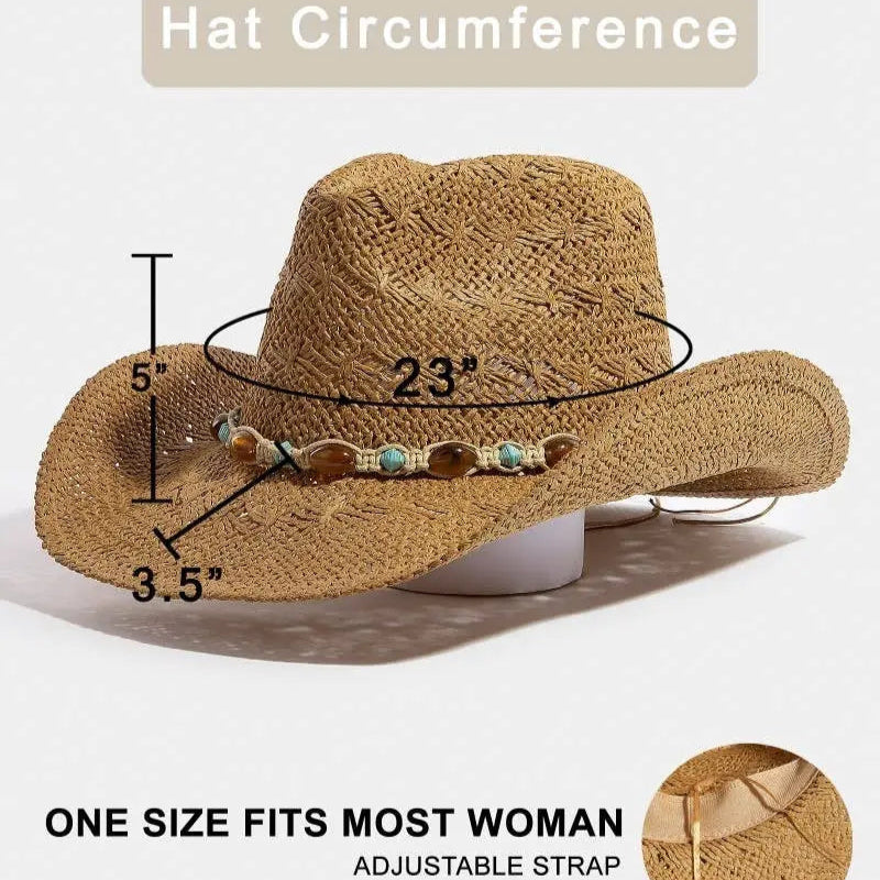Clothing & Accessories - Mixed Beaded And Rope Western Fedora Straw Hat