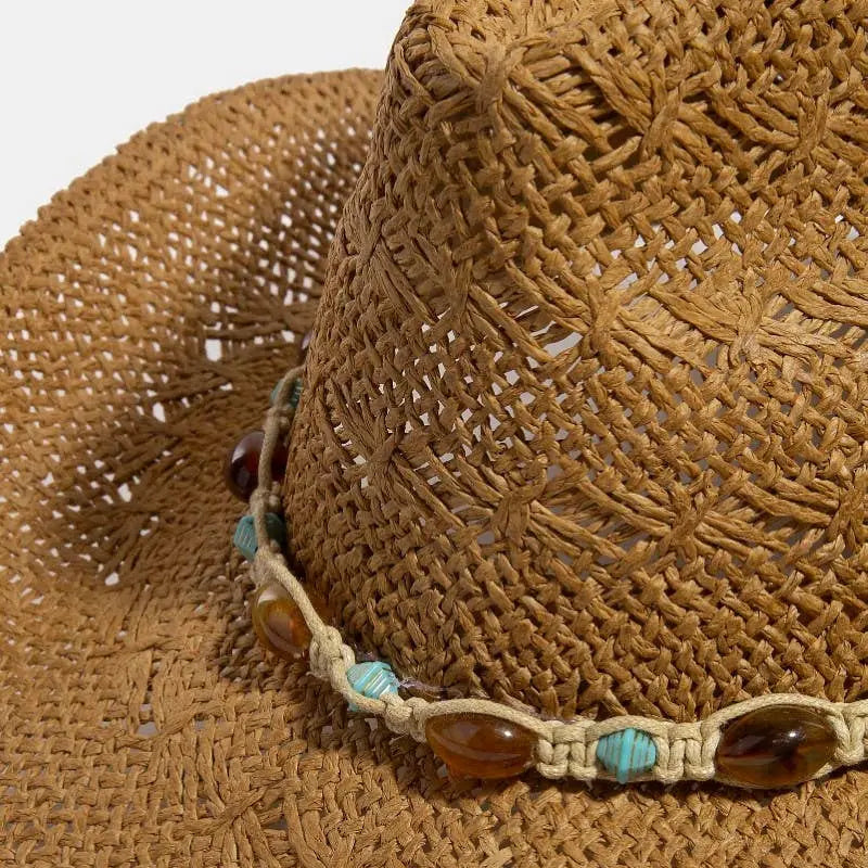 Clothing & Accessories - Mixed Beaded And Rope Western Fedora Straw Hat