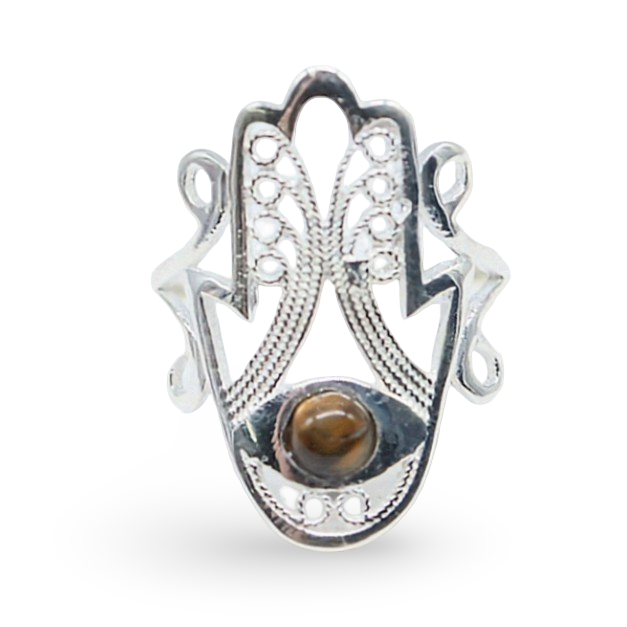 Ring - 925 Sterling Silver - Fatima Hand with Gemstone Tiger Eye