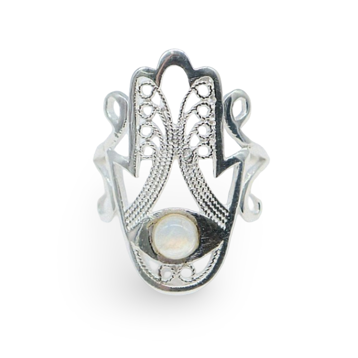 Ring - 925 Sterling Silver - Fatima Hand with Gemstone Moonstone