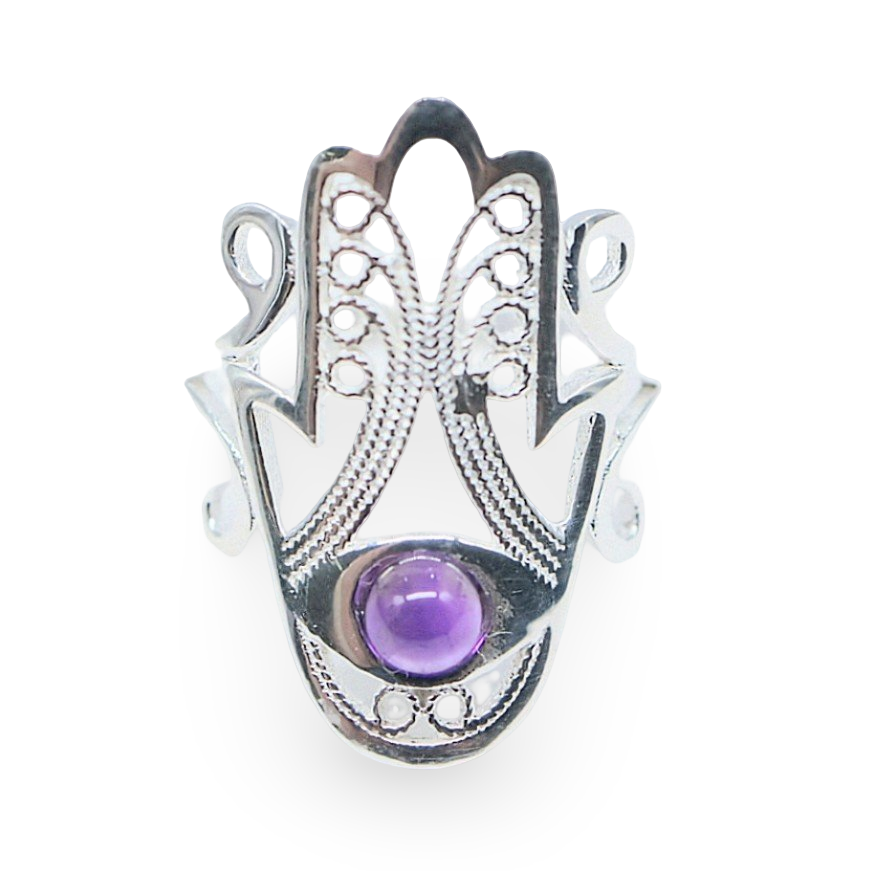 Ring - 925 Sterling Silver - Fatima Hand with Gemstone Amethyst