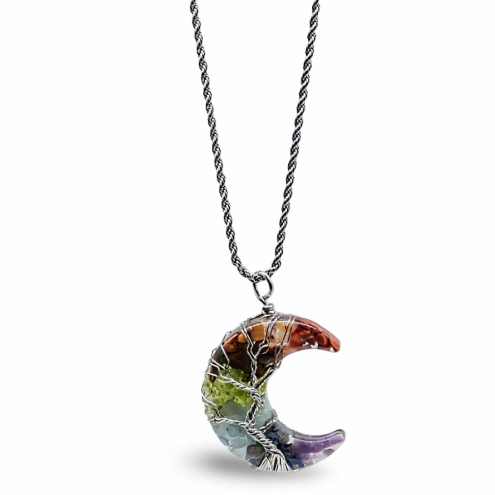 Necklace - 7 Chakras Gemstone - Moon Crescent