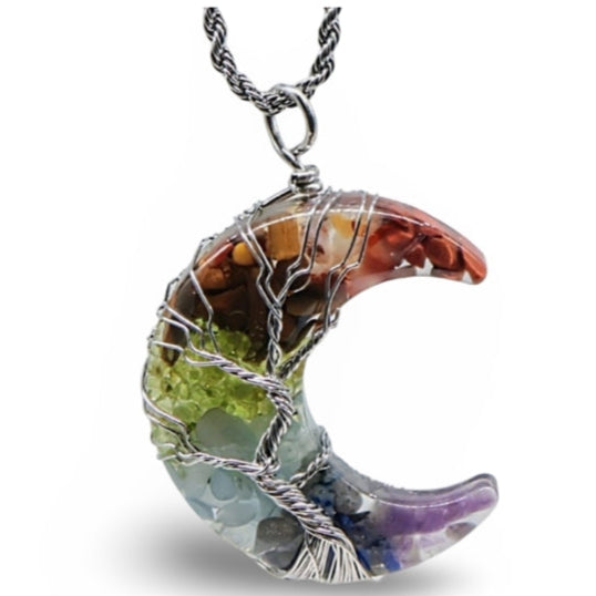 Necklace - 7 Chakras Gemstone - Moon Crescent
