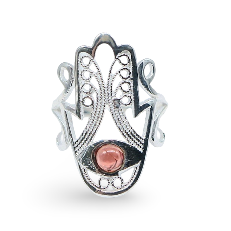 Ring - 925 Sterling Silver - Fatima Hand with Gemstone Garnet