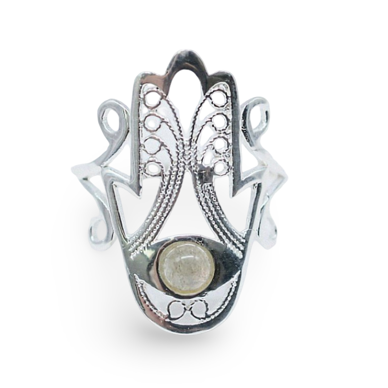 Ring - 925 Sterling Silver - Fatima Hand with Gemstone Labradorite