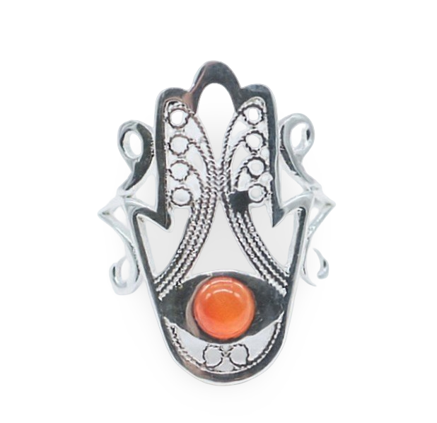 Ring - 925 Sterling Silver - Fatima Hand with Gemstone Carnelian