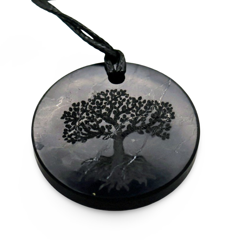 Necklace - AAA Shungite - Round Shape with Engrave Tree of Life Adjustable Cord