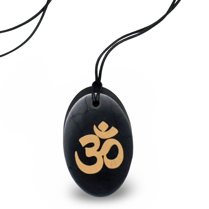 Necklace - AAA Shungite - Oval Shape Pendant with OM Sign Adjustable Cord