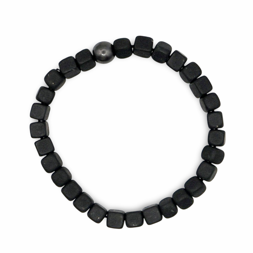 Bracelet - AAA Shungite with Square Beads with One rond AAA Hematite Bead - 6mm Black Matte