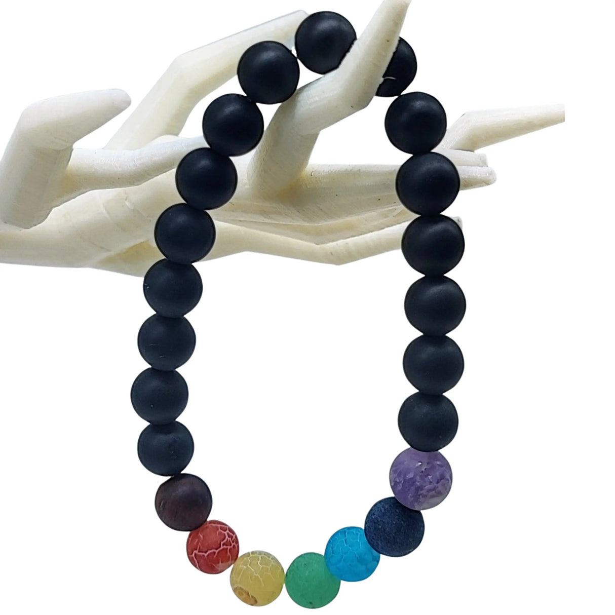 Bracelet - Frosted Black Agate - 7 Chakras - 8mm