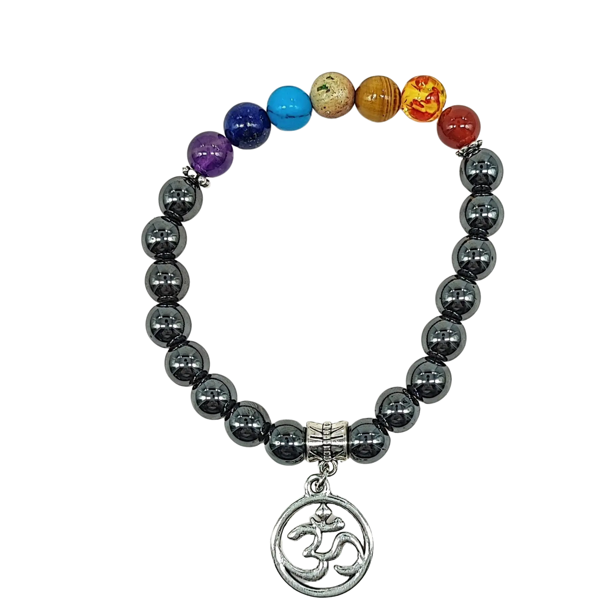Bracelet -Hematite & 7 Chakras -OM -8mm