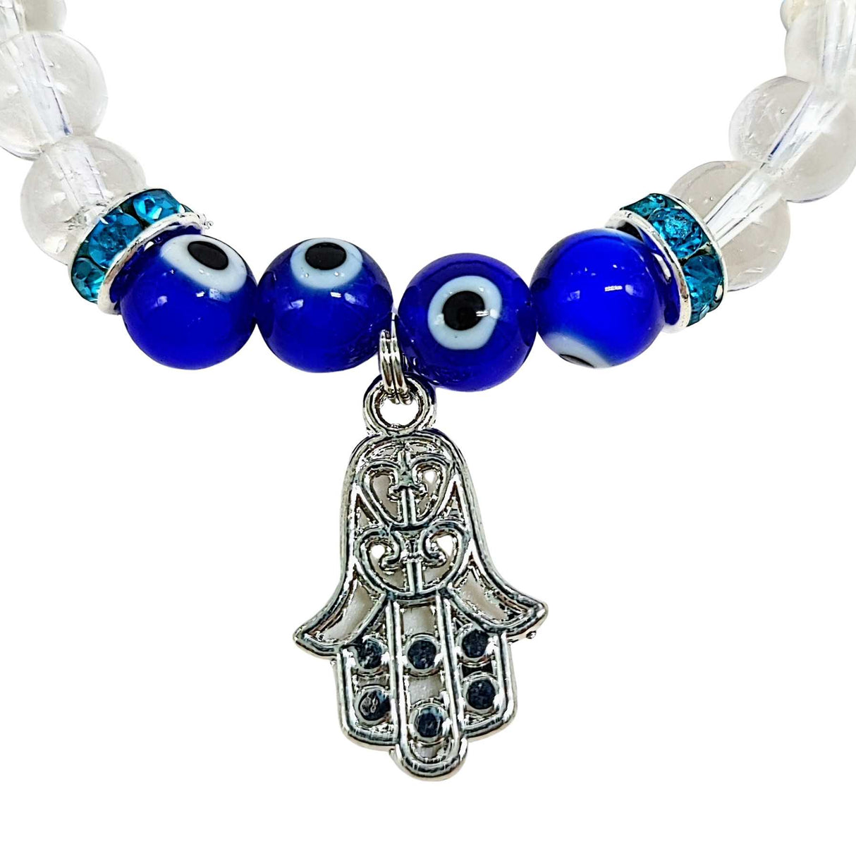 Bracelet -Crystal Quartz -Evil Eye -Fatima Hand -8mm