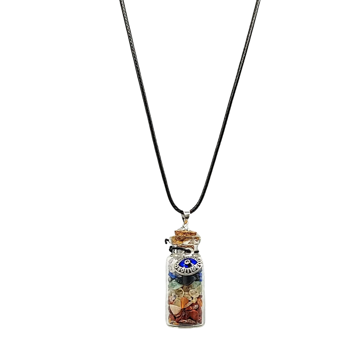 Necklace -7 Chakras Gemstone Chips -Evil Eye Charm -Large Glass Bottle