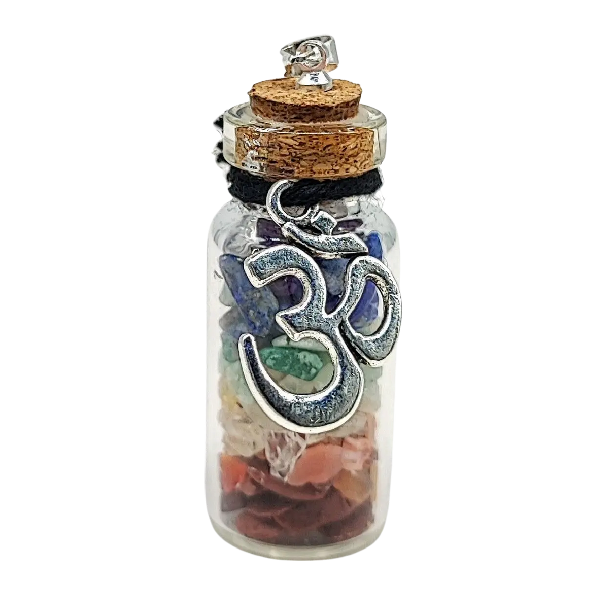 Necklace -7 Chakras Gemstone Chips -OM Charm -Large Glass Bottle