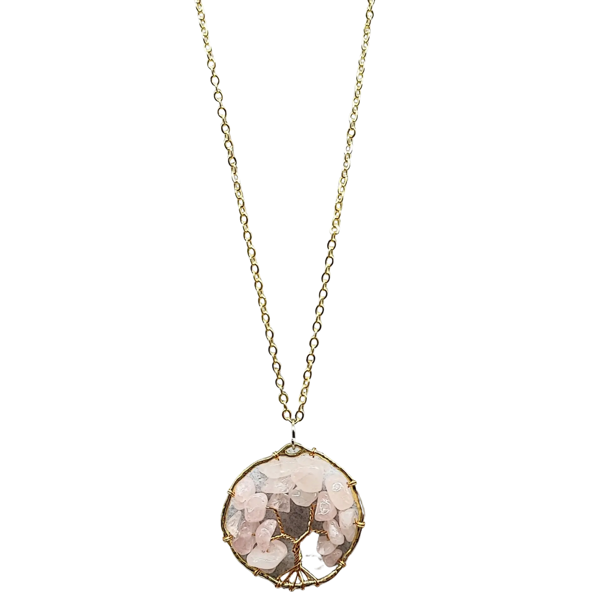 Necklace -Copper Wire Wrap -Tree of Life & Quartz Rose