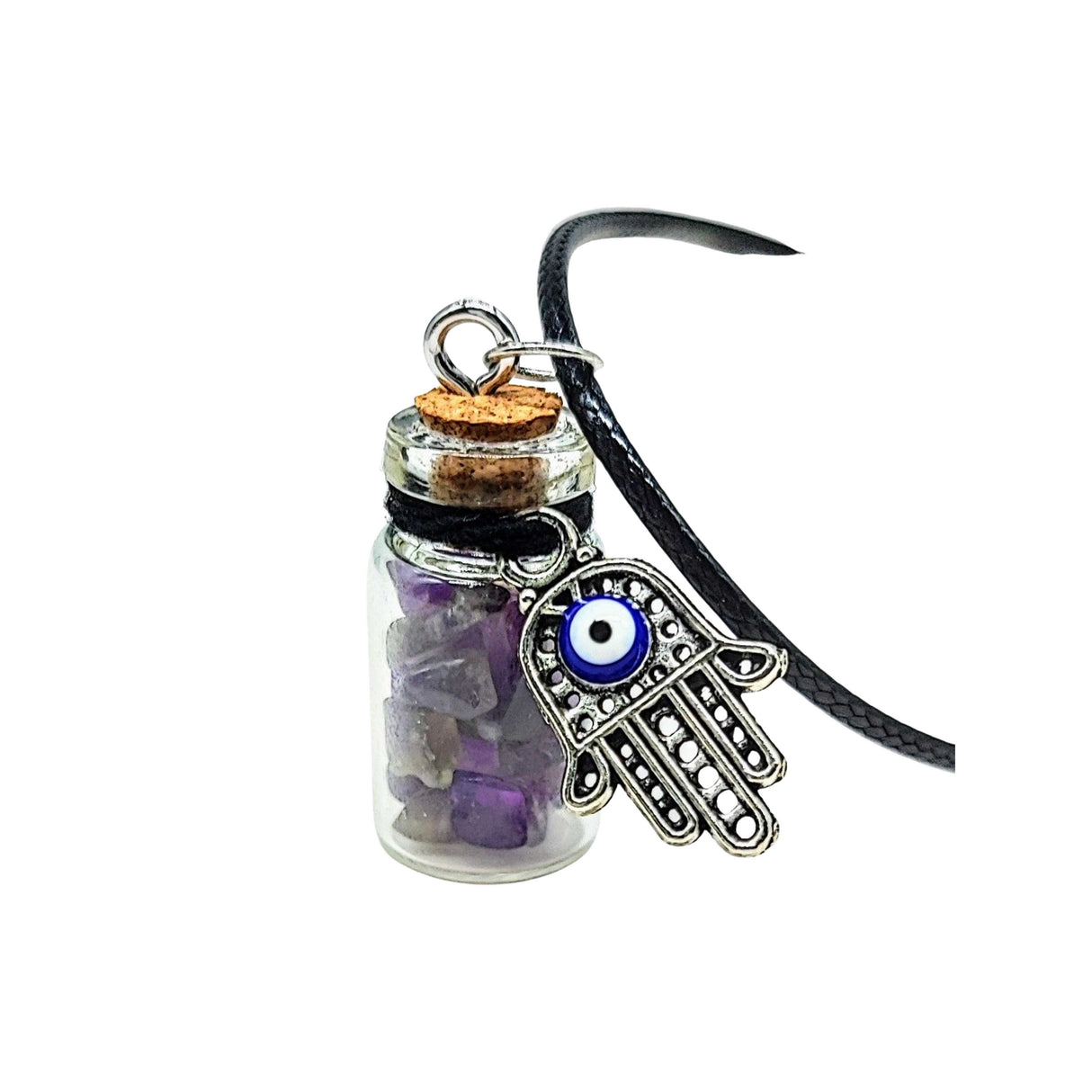 Necklace -Gemstone Chips & Fatima Hand -Glass Bottle Amethyst